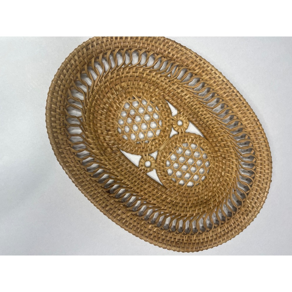Vintage Handwoven Rattan Oval Tray Wicker Decorative Basket Honey Brown 12.5in